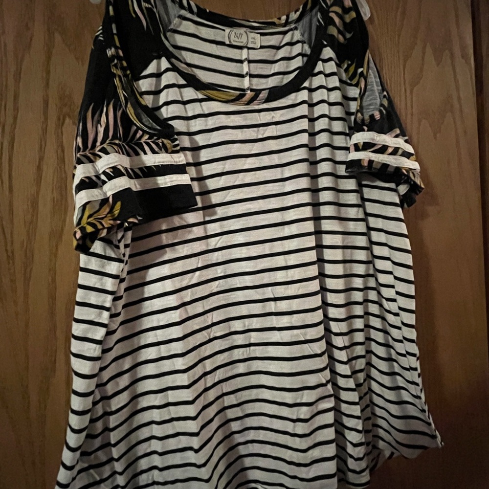 Maurices Black and White Striped Tee with Patterned Sleeves